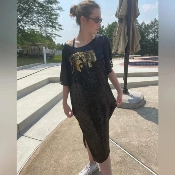Vintage Black Sequin Elephant Dress – 80s/90s Batwing Midi Kaftan, Gold Sequin - Picture 4 of 9